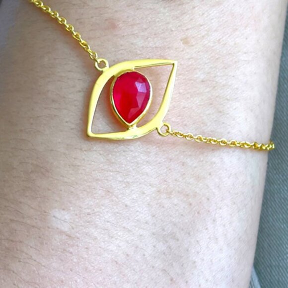 Sterling Silver Natural Aventurine Red Stone Chain Bracelets – 18k Gold Plated - Picture 9 of 11